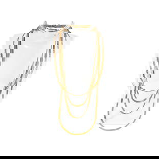FOUR 14-KARAT YELLOW GOLD FLAT-LINK NECKLACES: featuring four flat-link necklaces each comprised of 18-karat yellow gold; a flat curb-link measuring 22.5" long x 3.5 mm wide, a wide flat curb-link measuring 19" long x 3.6 mm, an omega chain measur