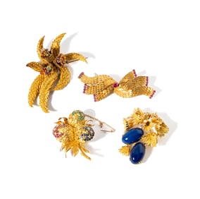 FOUR 18-KARAT YELLOW GOLD VINTAGE GEMSET BROOCHES