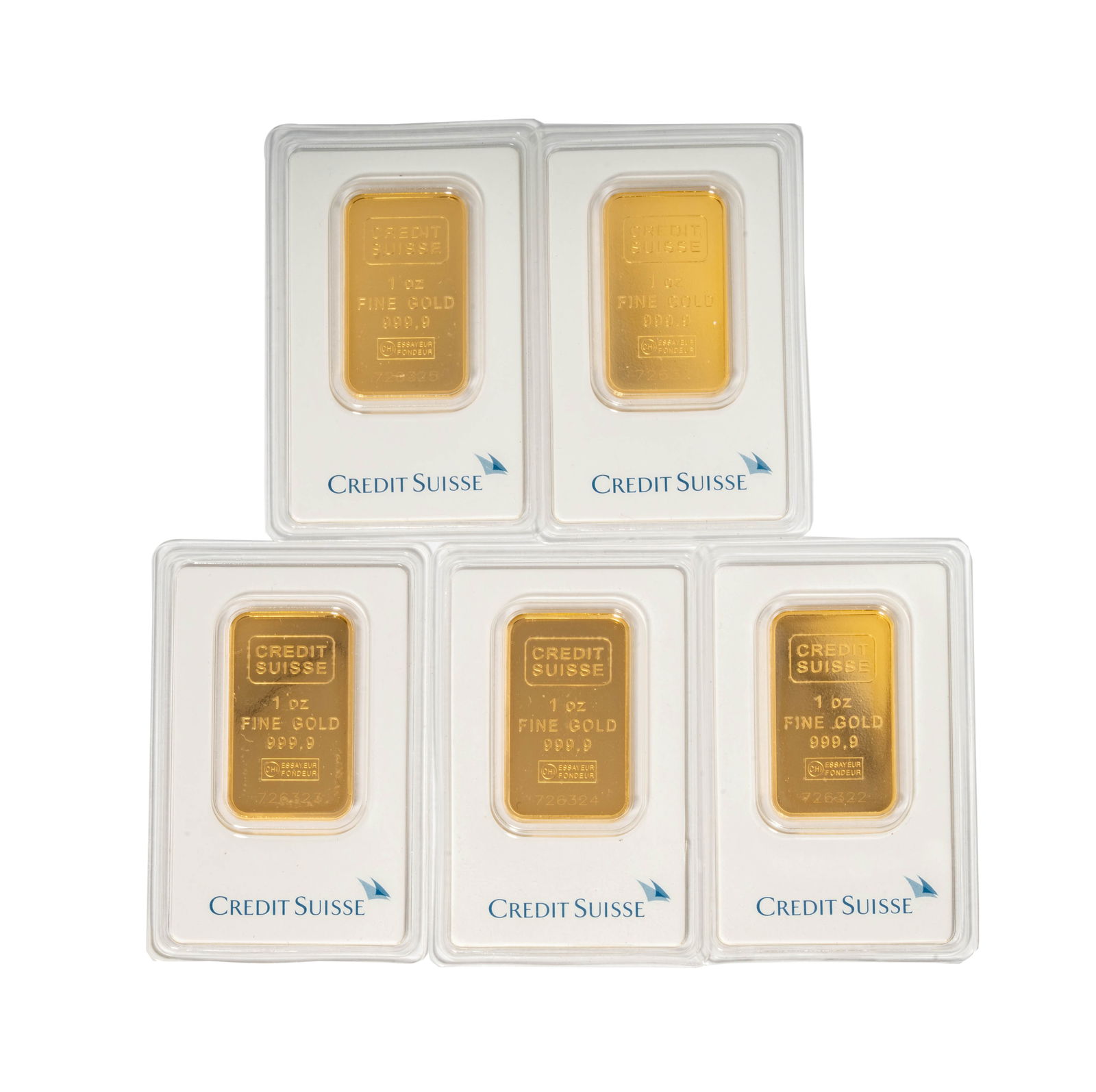 GROUP OF FIVE GOLD CREDIT SUISSE INGOTS (1 of 6)