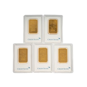 GROUP OF FIVE GOLD CREDIT SUISSE INGOTS