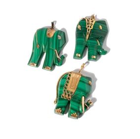THREE YELLOW, GOLD CARVED MALACHITE, ELEPHANT PENDANTS