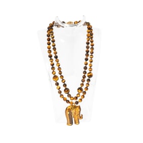 14-KARAT YELLOW GOLD TIGERS EYE QUARTZ BEAD NECKLACE AND ELEPHANT PENDANT