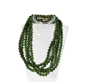 FIVE GOLD-TONE NEPHRITE JADE BEAD NECKLACES