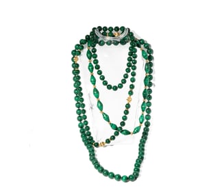 THREE 14-KARAT YELLOW GOLD MALACHITE BEAD NECKLACES
