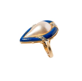 14-KARAT YELLOW GOLD MABE PEARL, LAPIS LAZULI AND DIAMOND HALO RING
