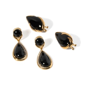 TWO PAIR OF 14-KARAT YELLOW GOLD BLACK ONYX EARRINGS