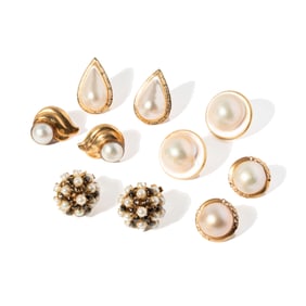 FOUR PAIRS OF 14-KARAT YELLOW GOLD MABE PEARL AND CLUSTER PEARL EARRINGS