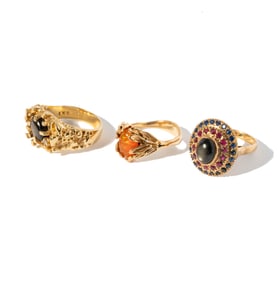 THREE 18-KARAT AND 14-KARAT YELLOW GOLD GEMSET RINGS