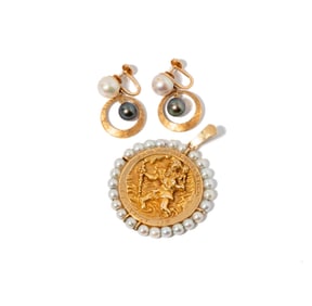 14 KARAT YELLOW GOLD AND FAUX PEARL ST. CHRISTOPHER PENDANT WITH EARRINGS