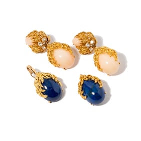 PAIR OF 18 KARAT YELLOW GOLD, CORAL, DIAMOND, AND LAPIS LAZULI EARRINGS