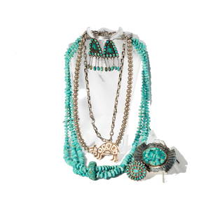 GROUP OF NATIVE AMERICAN STYLE STERLING AND TURQUOISE JEWELRY: featuring a group of Native American style sterling and turquoise jewelry including a silver beaded necklace measuring 21-1/4" and weighing 69.3 grams, a chain necklace with bear pendant measuring 18-