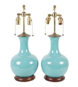 A Pair of Christopher Spitzmiller Blue-Glazed Porcelain Table Lamps