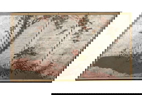 A Japanese Four-Panel Screen: hand-painted with an autumn landscapeEach panel: 42 x 18 in. (106.7 x 45.7 cm.)Notes: This item does not qualify for in-house shipping. Please see our preferred shippers' list for quotes or arrange fo