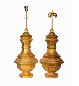 L. Rossi: Pair of Italian Baroque-Style Gold-Leaf Baluster Table Lamps