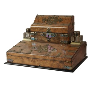 A Victorian Brass-Mounted Burl Wood Ink stand Desk Set