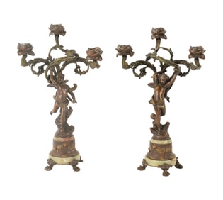 A Pair of Rococo-Style Figural Three-Light Candelabra