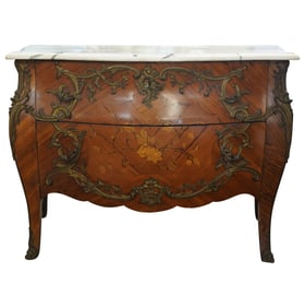 A Rococo-Style Marble-Top Marquetry and Parquetry Commode