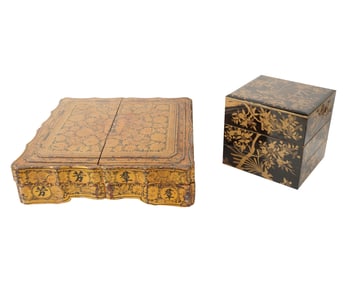 A Group of Two Black and Gilt Lacquered Boxes