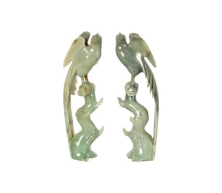 A Pair of Chinese Carved Green Stone Bird Figures