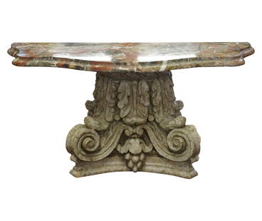 A Marble-Top Wall-Mounted Console Table: with cast stone base18 x 38 x 15 in. (45.7 x 96.5 x 38.1 cm.)Notes: This item does not qualify for in-house shipping. Please see our preferred shippers' list for quotes or arrange for local pickup. ht