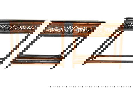 Two Lacquered Bamboo Tables: late 20th century; each with black-painted wood top33 x 38 1/2 x 15 1/2 in. (83.8 x 97.8 x 39.4 cm.) and 33 x 36 x 17 1/2 in. (83.8 x 91.4 x 44.5 cm.)Notes: This item does not qualify for in-house shi