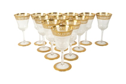 A Set of 12 Thistle Pattern Gilt Crystal Wine Glasses