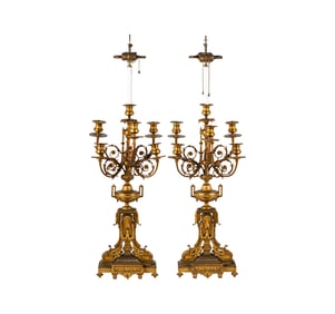 A Pair of French Bronze Candelabra Lamps