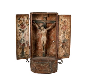 A Spanish Colonial Painted Wood Retablo / Shrine