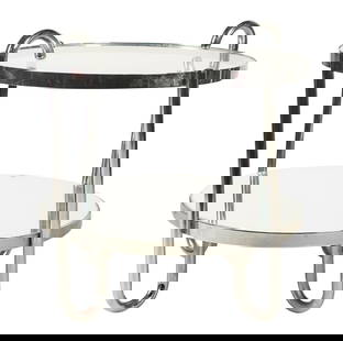 An Art Deco-Style Tiered Round End Table: contemporary; tubular chrome and glass; maker unknown25 x 26 in. (63.5 x 66 cm.), Tabletop height: 22 in. (55.9 cm.)Notes: This item does not qualify for in-house shipping. Please see our preferred sh