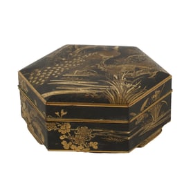 A Japanese Mixed Metals Inlaid Hexagonal Box