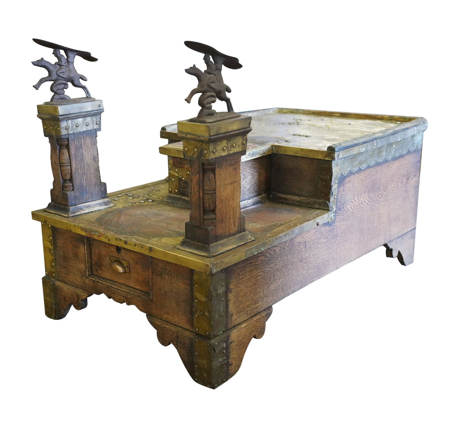 An Antique Continental Shoe Shine Stand: copper, oak30 1/4 x 42 x 23 3/4 in. (76.8 x 106.7 x 60.3 cm.)Notes: This item does not qualify for in-house shipping. Please see our preferred shippers' list for quotes or arrange for local pickup. ht