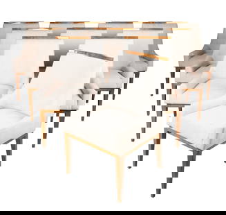A Set of Ten Upholstered Dining Chairs: in the style of Kipp Stewart; covered with light beige fabric; unsigned37 1/4 x 24 x 23 in. (94.6 x 61 x 58.4 cm.), Seat height: 19 1/2 in. (49.5 cm.)Notes: This item does not qualify for in-house shi