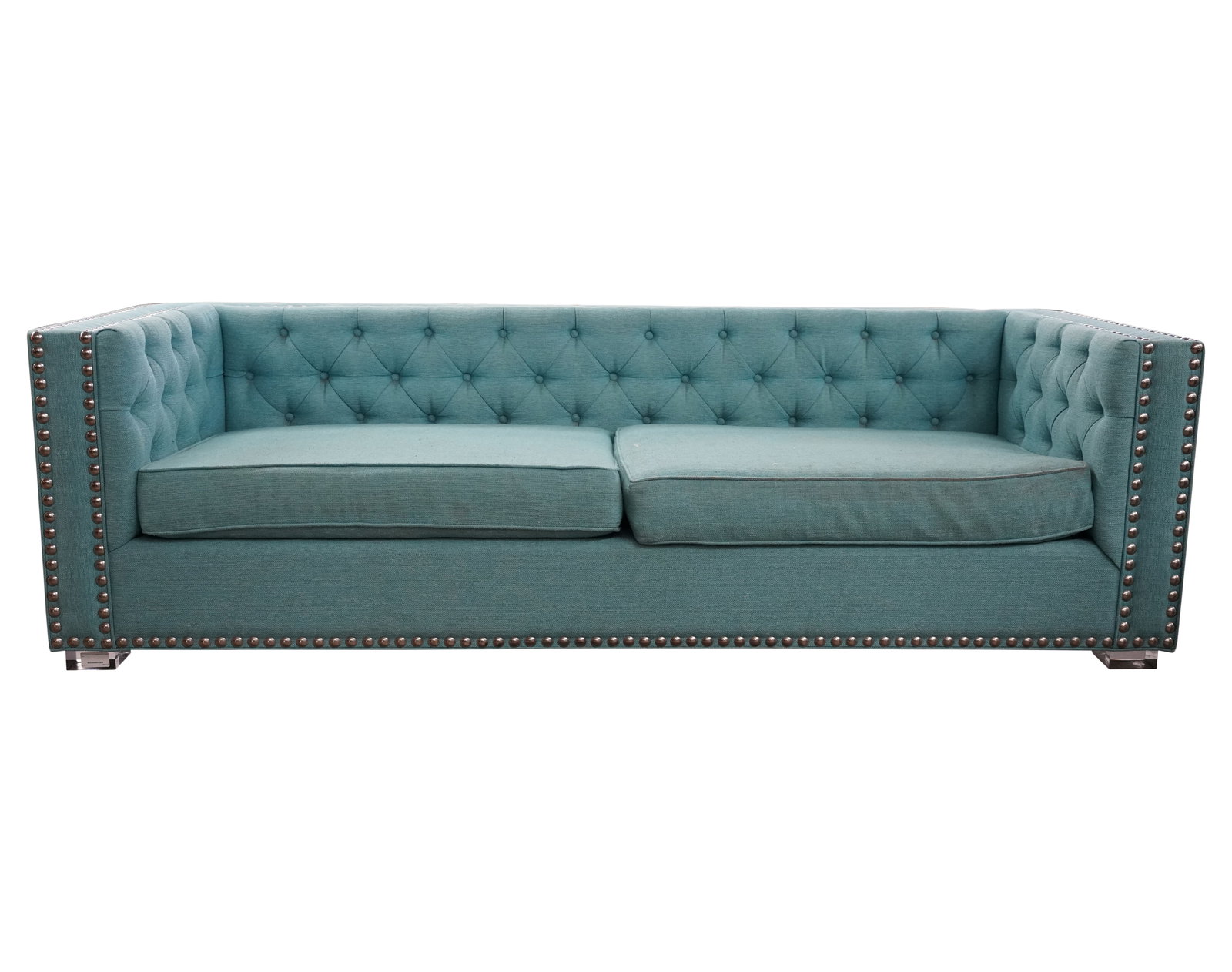 A Green-Upholstered and Lucite Sofa: maker unknown28 x 92 x 34 in. (71.1 x 233.7 x 86.4 cm.), Seat height: 14 in. (35.6 cm.)Notes: This item does not qualify for in-house shipping. Please see our preferred shippers' list for quotes or ar