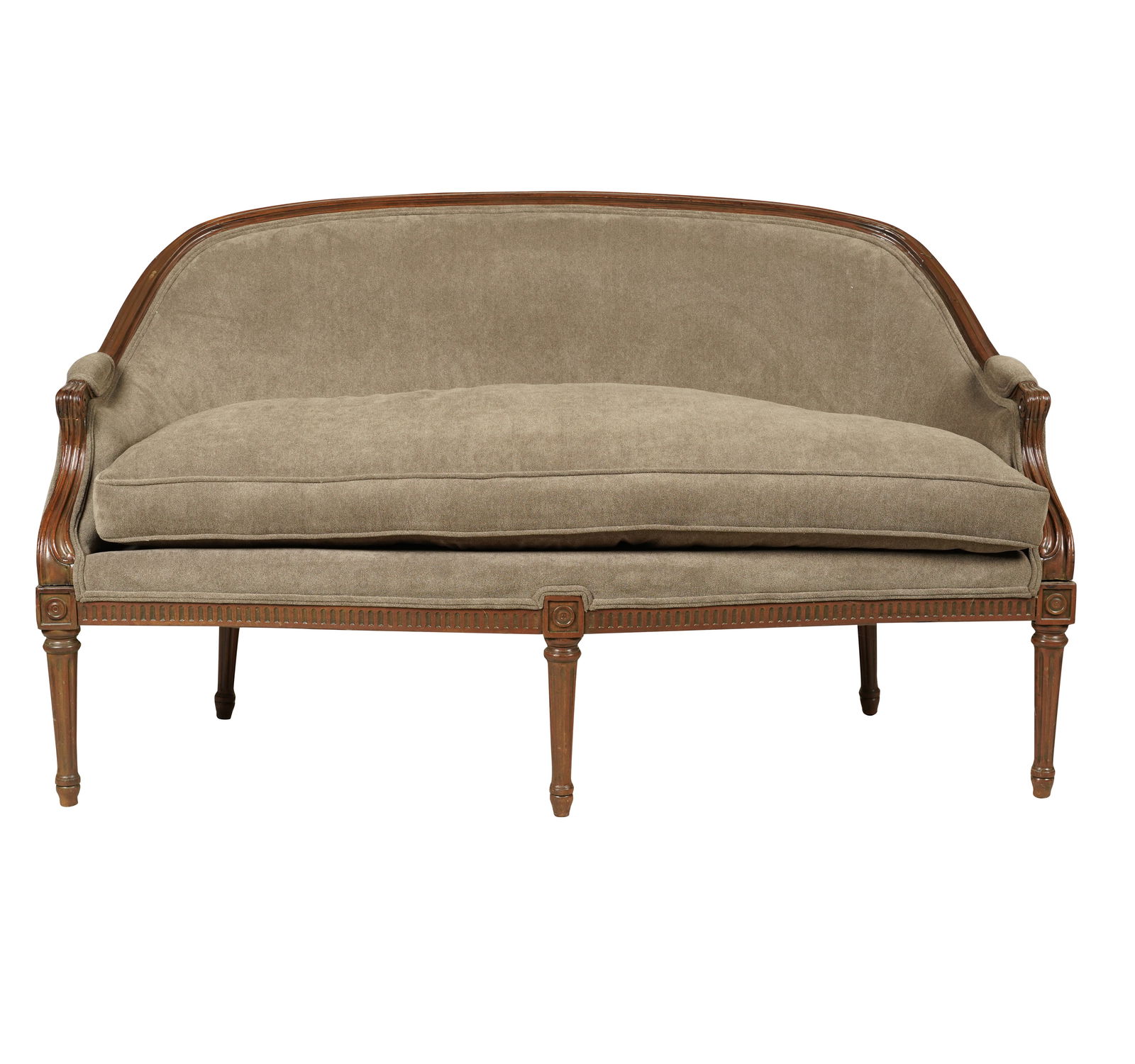 An Antique Louis XVI-style Canape: covered with olive-green fabric 35 x 58 x 25 in., Seat height: 19 in.Notes: This item does not qualify for in-house shipping. Please see our preferred shippers' list for quotes or arrange for local pi