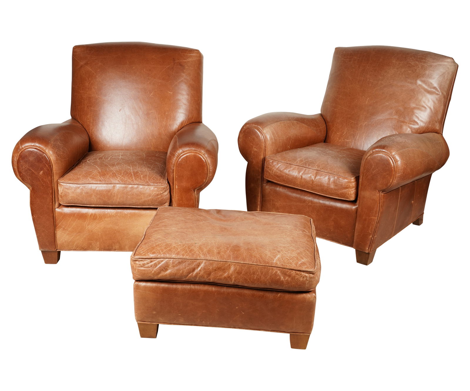 A Pair of Deco-Style Brown Leather Armchairs and an Ottoman (1 of 11)