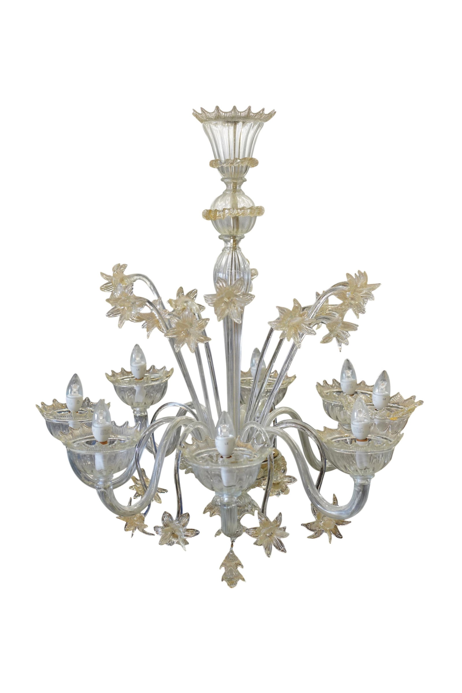 A Venetian Glass Chandelier: Murano, Italy; with eight lights38 x 33 in. (96.5 x 83.8 cm.)Notes: This item does not qualify for in-house shipping. Please see our preferred shippers' list for quotes or arrange for local pickup. ht