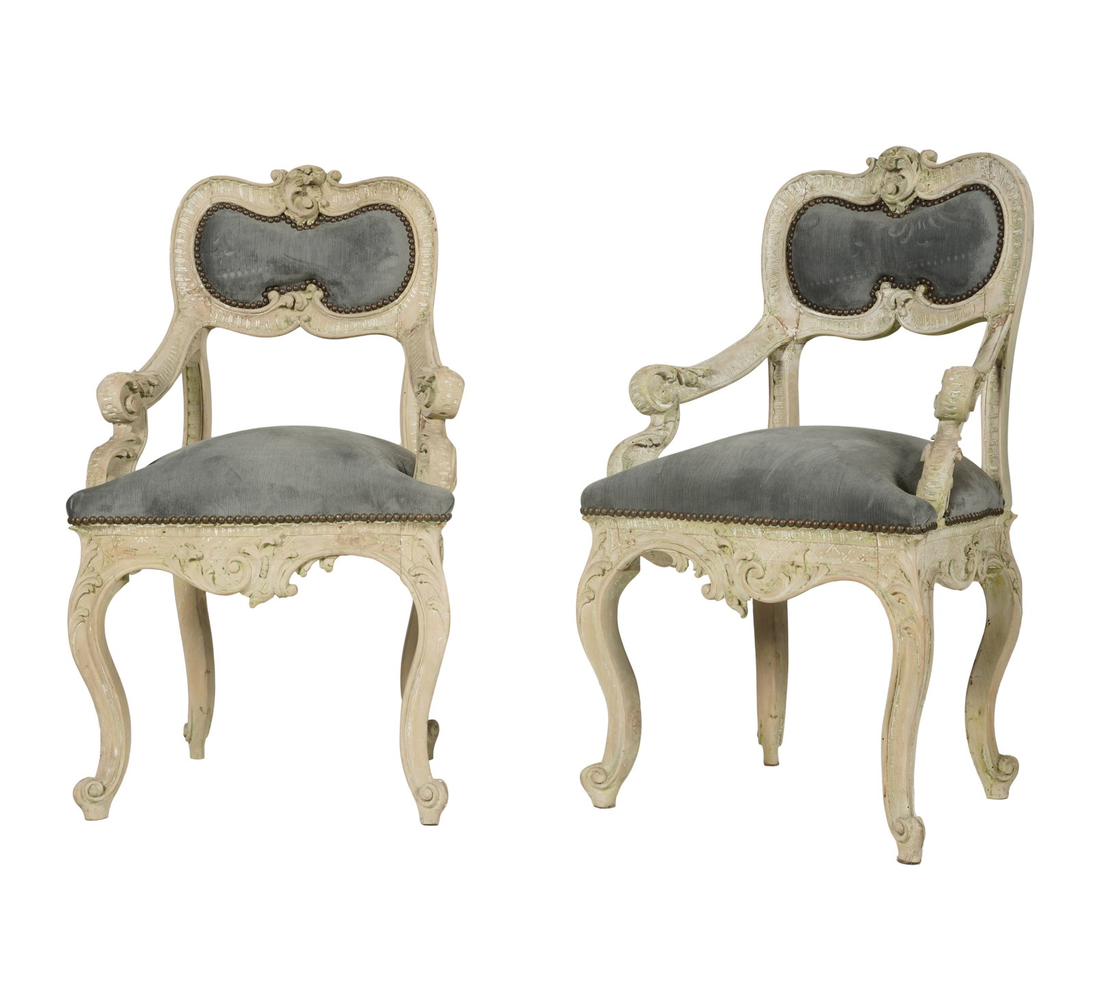 A Pair of Rococo-Style Painted Wood Armchairs: contemporary38 1/4 x 21 x 18 in. (97.2 x 53.3 x 45.7 cm.); Seat height: 19 1/2 in. (49.5 cm.)Notes: This item does not qualify for in-house shipping. Please see our preferred shippers' list for quotes