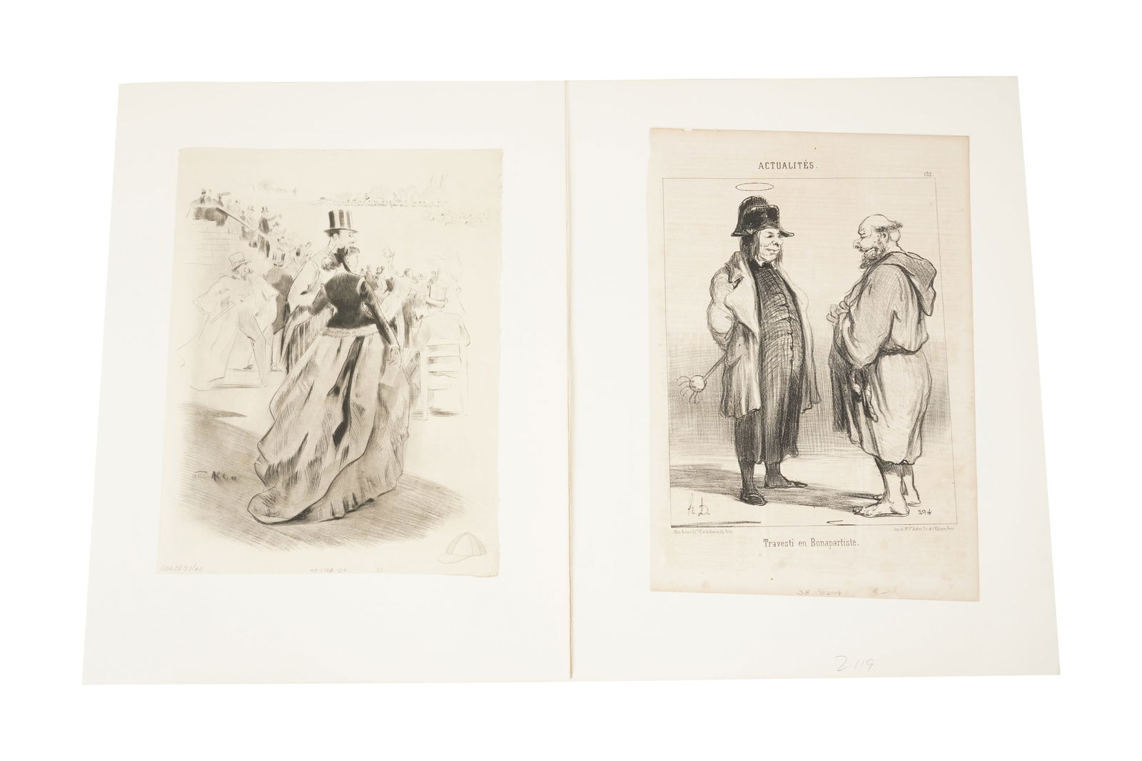 Two Antique French Prints: Honore Daumier, William Ablett: the first: Honore Daumier (1808 - 1879), "Travesti en Bonapartiste" from "Actualites", lithograph, signed in the plate (Sheet: 14 x 9 1/2 in., Mount: 18 x 14 in.); the second: William Ablett (1877 - 1