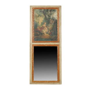 A Continental Painted Wood Trumeau Mirror: inset with a painting on canvas depicting a maiden with a cherub and a dogOverall: 63 x 25 1/2 in. (160 x 64.8 cm.)Notes: This item does not qualify for in-house shipping. Please see our preferred shi