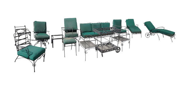 A Black Painted Metal Patio Furniture Suite: comprising two sofas (33 x 69 x 28 in., Seat height: 18 in.), two swivel armchairs, two armchairs, two chaise lounges (31 x 68 x 30 in.), two bar carts, three assorted side tables, and a side chair[14