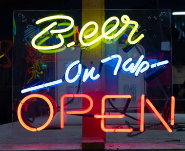 Beer On Tap Open Sign: multi-color neon sign mounted to plexiglass backing; transformer included; Overall: 16 1/4 x 20 1/4 in. (41.3 x 51.4 cm.)