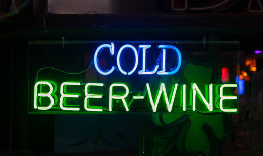 Cold Beer - Wine Neon Sign: mounted to acrylic; transformer included; Overall: 10 1/2 x 31 x 5 in. (26.7 x 78.7 x 12.7 cm.); Notes: This neon sign was featured in several notable film and television productions, including This F