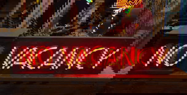 Vacancy/No Vacancy Neon Sign: set in a painted wood box with a hinged panel; transformer included; Overall: 9 x 39 x 7 in. (22.9 x 99.1 x 17.8 cm.); Notes: This neon sign was featured in several notable film and television product