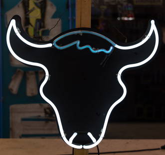 Bull Neon Sign: mounted to black wood board backing; transformers included; Overall: 23 x 26 1/2 in. (58.4 x 67.3 cm.); Notes: This neon sign was featured in several notable film and television productions, including