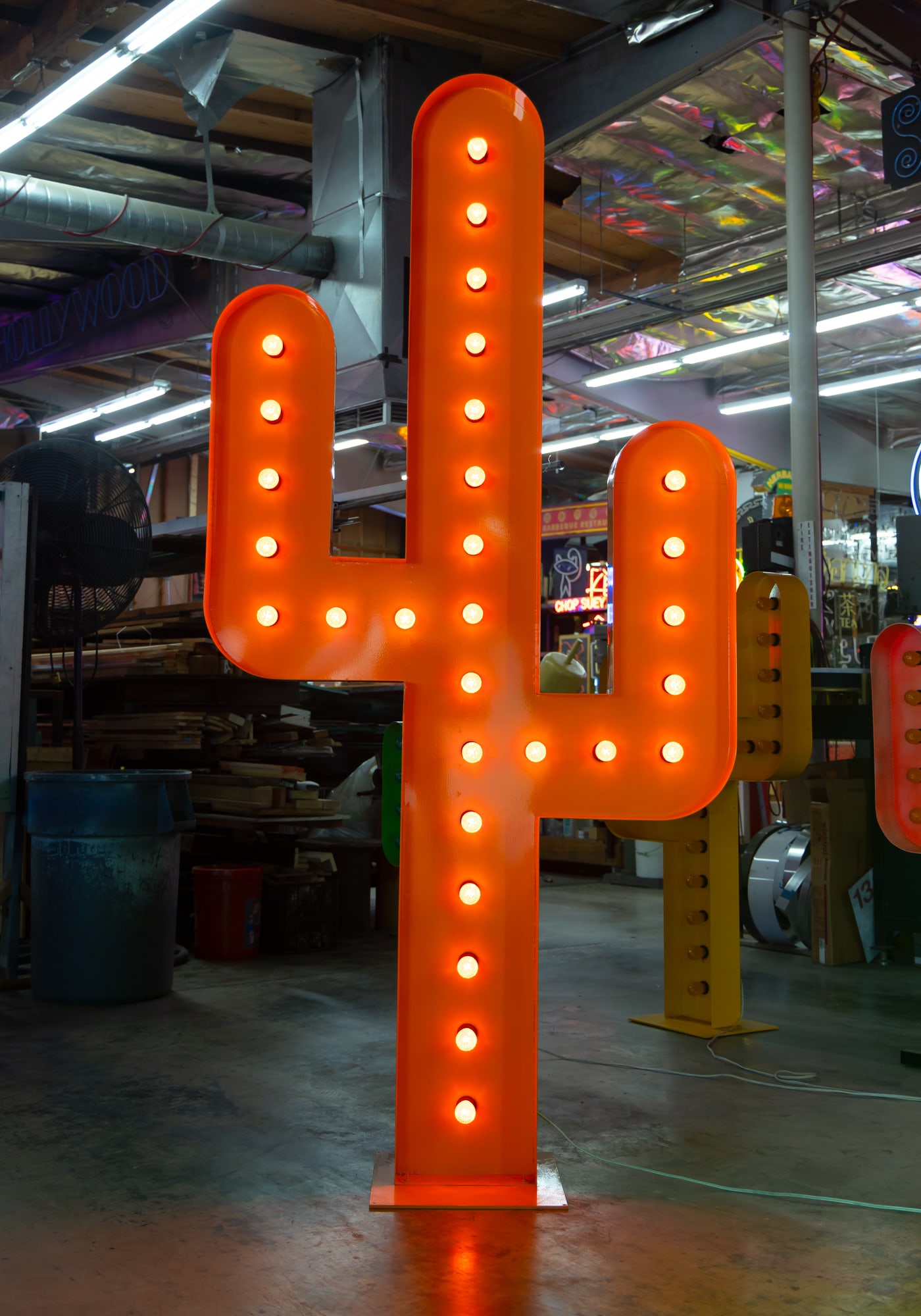 Large Orange Cactus Bulb Art Piece: LED bulbs set in powder-coated aluminum; no transformer needed, wall outlet included; copy and paste the link to view video of this and other pieces: https://youtu.be/MvSuLJHVK9A ; Overall: 97 x 46 x