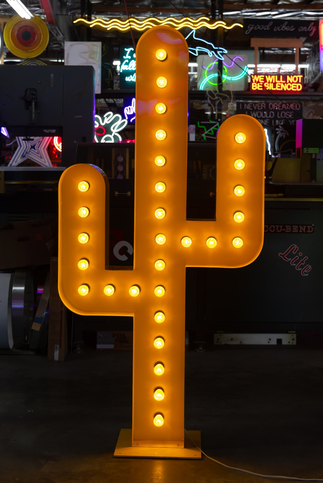 Yellow Cactus Bulb Art Piece: LED bulbs set in yellow powder-coated aluminum; copy and paste the link to view video of this and other pieces: https://youtu.be/MvSuLJHVK9A ; 73 x 35 x 13 in. (185.4 x 88.9 x 33 cm.); Notes: This neo