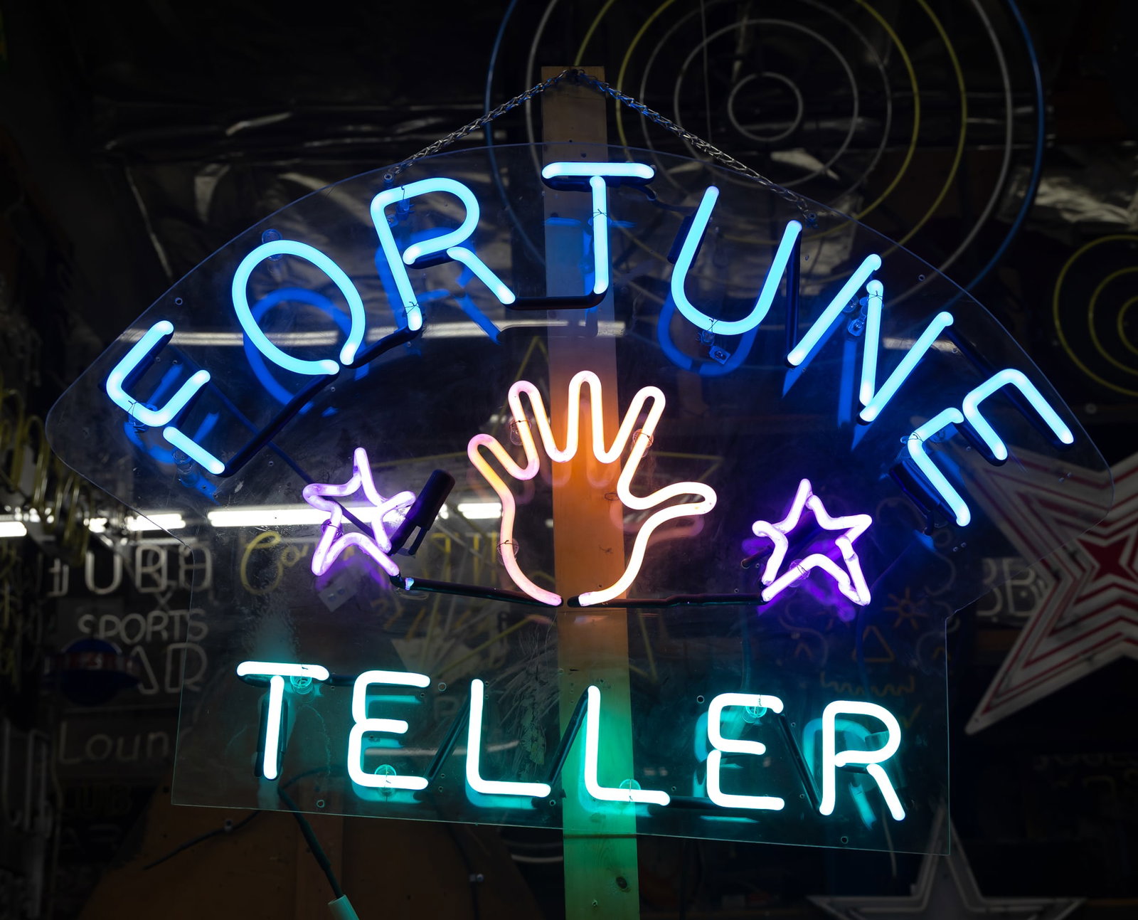 Fortune Teller Multi-Color Neon Sign: mounted to shaped plexiglass backing; transformer included; Overall: 27 x 38 in. (68.6 x 96.5 cm.); Notes: This neon sign was featured in several notable film and television productions, including CSI