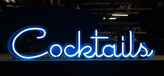 Cocktails Neon Sign: open channel metal with blue neon; transformer included; Overall: 8 3/4 x 37 x 3 1/4 in. (22.2 x 94 x 8.3 cm.); Notes: This neon sign was featured in several notable film and television productions, i