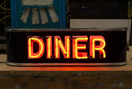 Diner Red Neon Sign: mounted to a metal box; transformer included inside box; Overall: 10 1/2 x 34 1/2 x 7 1/2 in. (26.7 x 87.6 x 19.1 cm.); Notes: This neon sign was featured in several notable film and television produc