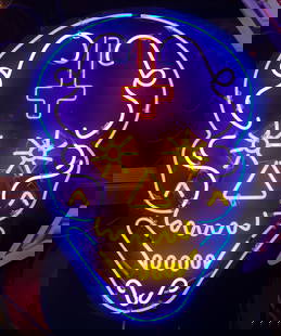 Multi-Color Skull Neon Sign: mounted to a black wood backing; with transformer; copy and paste link to view a video of this and other pieces: https://youtu.be/naR4sIs-dio; Overall: 33 x 23 in. (83.8 x 58.4 cm.); Notes: This neon